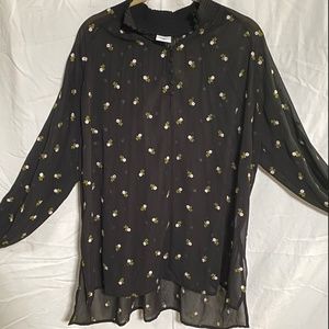 Embroidered Floral Sheer Top with Button Detail